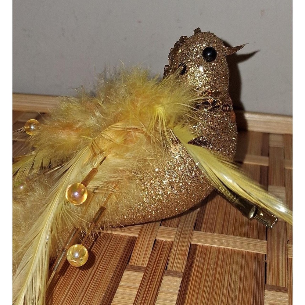 Vintage Gold Glitter Feather Bird Clip-On Christmas Ornament 7" Sequin Beaded